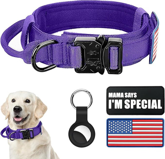Tactical Military Collar - Adjustable Nylon, Heavy Duty Metal Buckle with Handle for Dog Training, with Patches (Purple, XL)