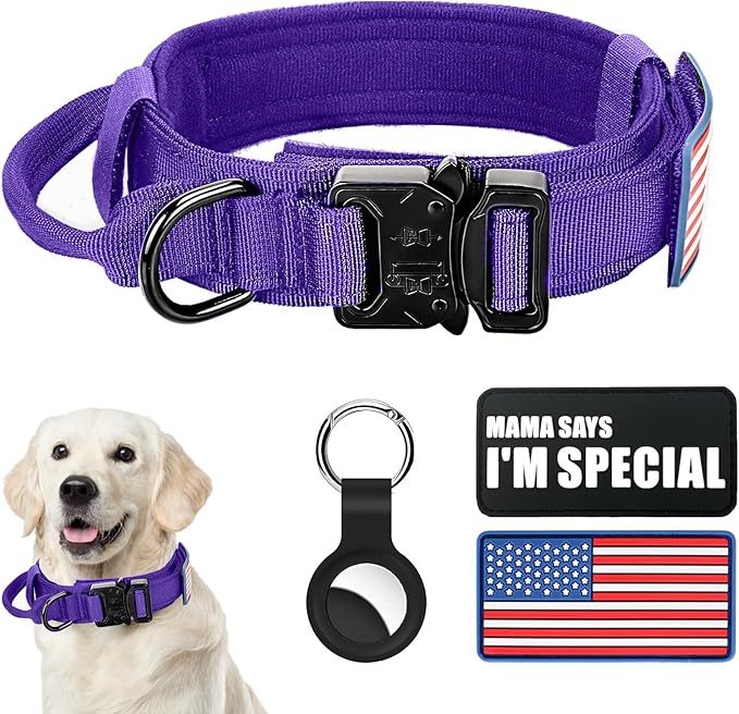 Tactical Dog Collar Military Dog Collar Adjustable Nylon Dog Collar Heavy Duty Metal Buckle with Handle for Dog Training,with Patches(Purple, M)