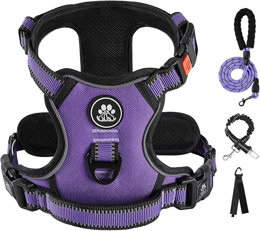 IVY&LANE No Pull Dog Harness for Medium Dogs, Dog Vest Harness with Leash, Safety Belt and Storage Strap, Fully Adjustable Harness, 360?Reflective Strip, Soft Handle (Purple, M)