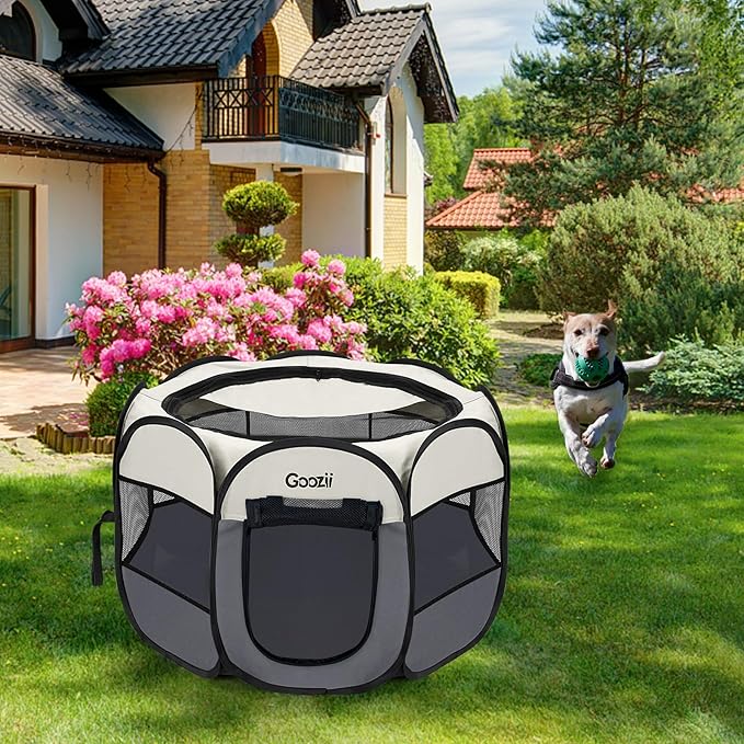 Pet Cat Playpen for Indoor Cats Enclosed, Puppy Dog Play Pen for Outdoor Travel Camping (Large Size, Beige & Dark Grey)