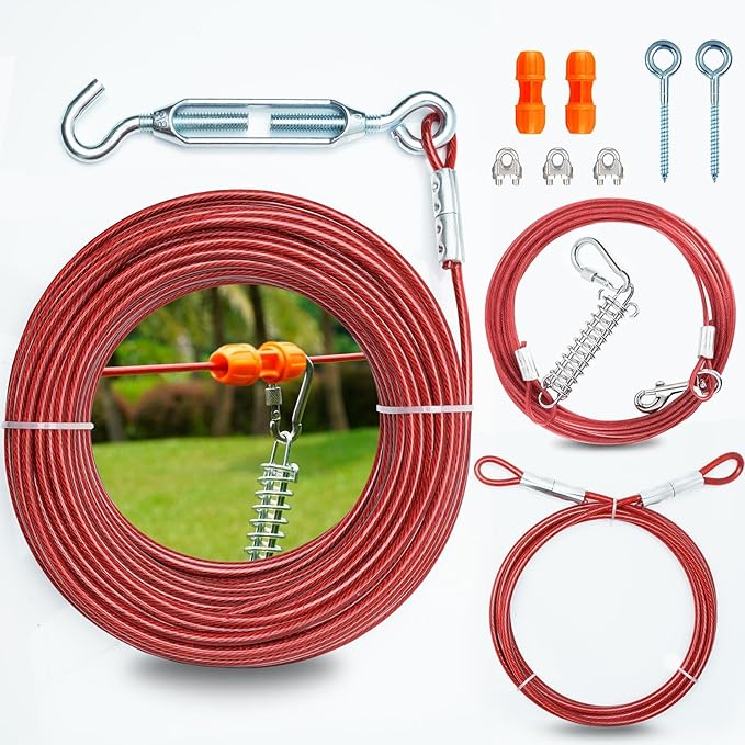 Heavy Duty Aerial Dog Tie Out Trolley System for Small to Large Dogs - Dog Run Cable 100ft /75ft Zipline with 10ft Runner Cable Great for Yard Camping Outdoor (Red, 100 ft for one Dogs up to 300 lbs)