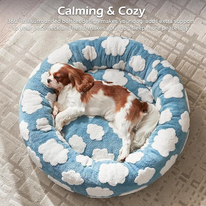 JOEJOY Donut Cat Beds for Indoor Cats, Round Calming Small Dog Bed with Removable Washable Cover, Orthopedic Cute Puppy Kitten Pet Bed with Jacquard Shaggy Plush & Non Skid Bottom, Black