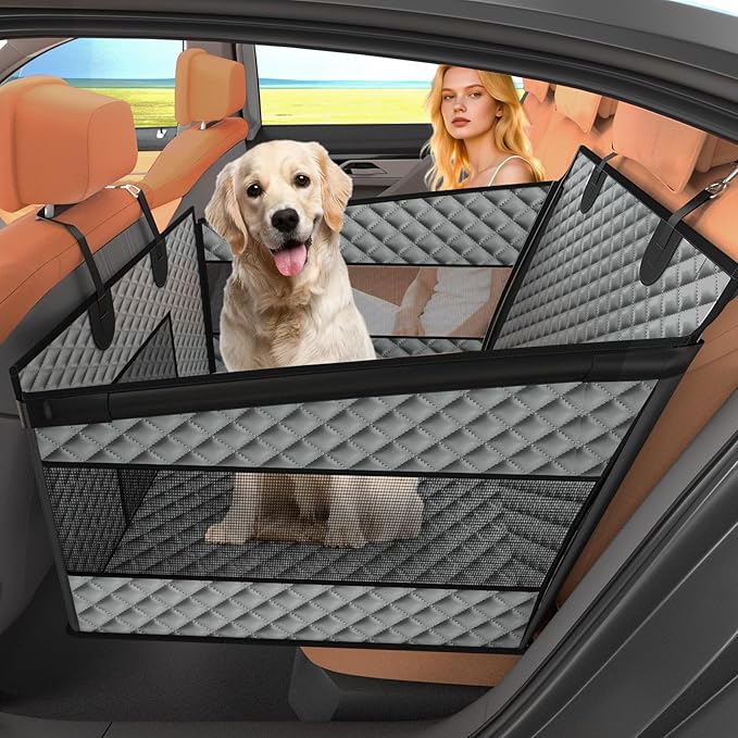Dog Car Seat for Large Dogs, Back Seat Extender for Dogs, Foldable Pet Car Seat with Waterproof Oxford Fabric and Non-Slip Bottom, All-Around Protection and Strong Support, Grey