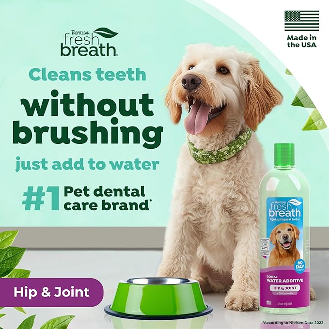 TropiClean Fresh Breath Water Additive for Dogs with Glucosamine, Hip and Joint Support for Dogs, Breath Freshener & Teeth Cleaning Solution, 33.8oz.
