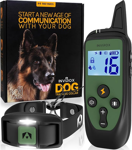 INVIROX Dog Training Collar with Remote [Spark K9] 1100 Yard Range, 124 Levels of Control, Beep, Vibration & E-Stim Modes, IP67 Waterproof E Collar for Dogs Training