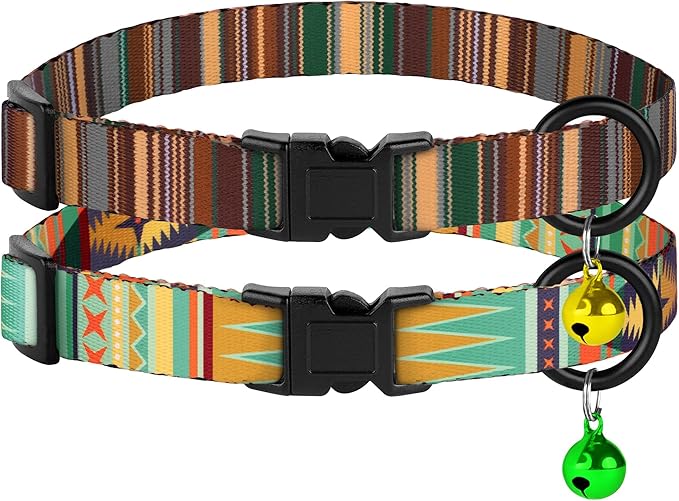 Cat Collars 2 Pack - Soft Cute Breakaway Collar with Bell, Adjustable Safety Kitten Collars for Girl & Boy Cats – Comfortable Stylish Patterned Print Lightweight (Serape + Native)
