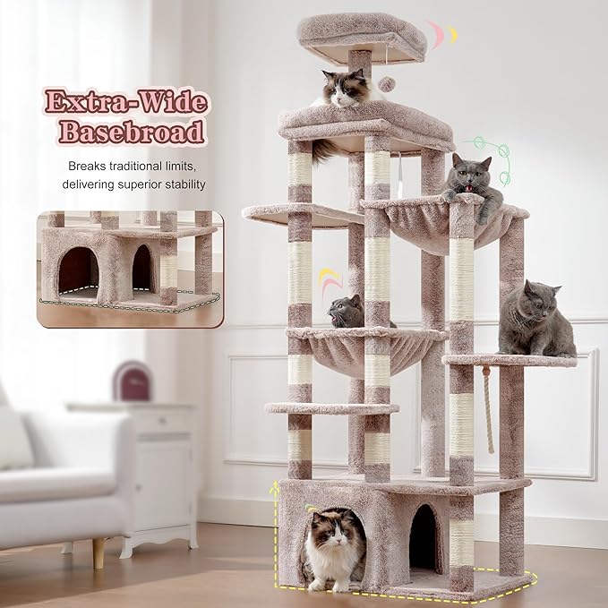 Heybly Cat Tree, 71-Inch Tall Cat Tower for Large Maine Coon Cats with Extra-Large Baseboard, Cat Condo Furniture with Multi-Level Platforms, 2 Hammocks and 12 Scratching Posts, Muchroom HCT037MU