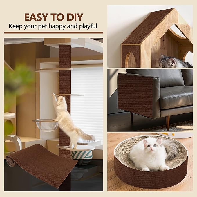 Cat Scratch Furniture Protector, 78.7"x15.8" Self Adhesive Cat Scratch Mat Pad,Cut to Fit DIY Replacement Carpet for Tree,Wall,Bed,Door, Couch Protector (Brown)