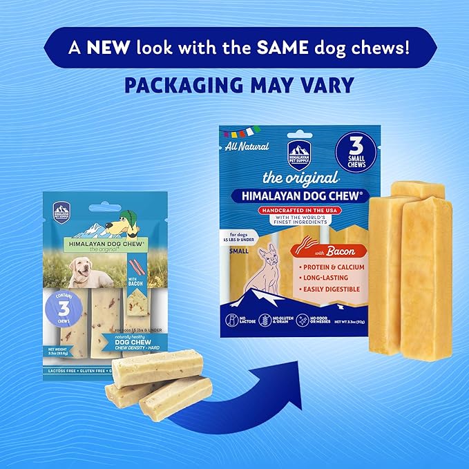 Himalayan Chew Original Yak Cheese Chew, Bacon, 3 Small Sticks, 1.1 oz, Gluten Free, Healthy Treats, Grain & Lactose Free 100% Natural, Long Lasting Chews for s Under 15 lbs
