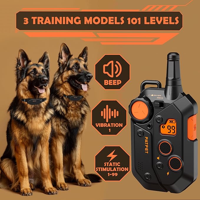 PATPET Dog Training Collar, 1.2 Mile Range 101 Training Levels Dog Shock Collar with Remote Control (15-150 lbs), Waterproof 100% Safe E Collar for Large Breed for 2 Dogs Black with Vivid Orange