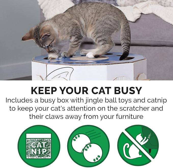 Furhaven Cardboard Hideout w/ Catnip for Indoor Cats, Ft. Scratching Pad, Ball Track, & Toys - Kitty Hideaway Corrugated Cat Scratcher House - Cat Print, One Size