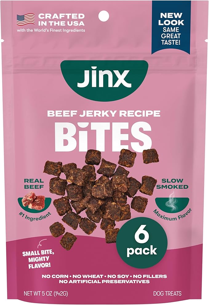 Jinx Beef Bites, Soft Jerky Dog Treats, Bite-Sized Snack, Low-Calorie and Packed with Flavor, Slow-Smoked Real Beef & Liver, No Fillers, 5oz, 6 Pack