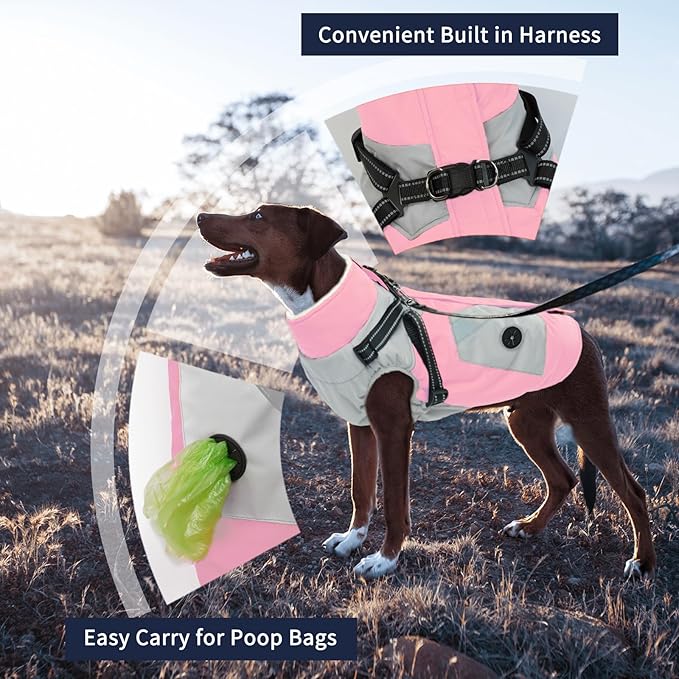 IECOii Dog Winter Coat Waterproof - Pink, Medium - Dog Coat with Harness Built in for Medium Dogs, Thermal Warm Fleece Lined with Zip Up Cold Weather Jacket, Reflective Snowsuit for Outdoor Hiking