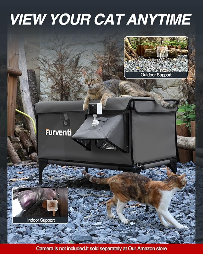 Heated Cat House for Outside,Dual Camera Mounts,100% Weatherproof & Extremely Insulated,Elevated Feral Cat Shelter with Escape Door,Waterproof Eaves for Outdoor Stray Barn Cat(Dark Grey,L)