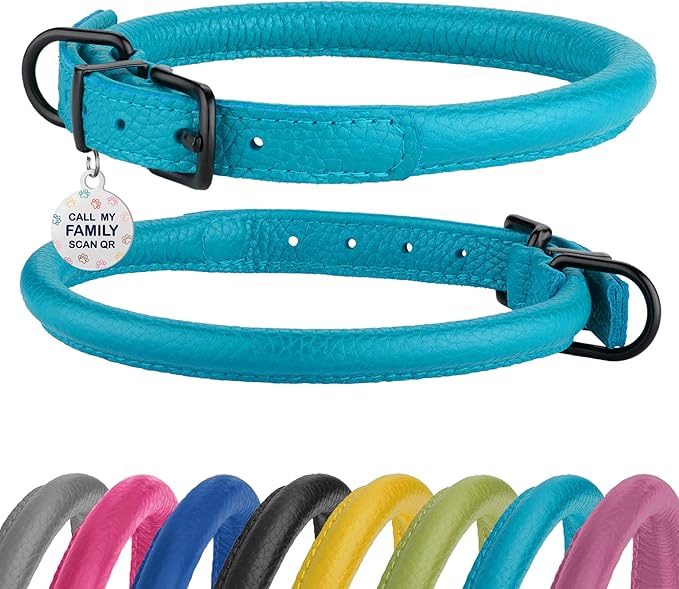 Rolled Leather Dog Collar Soft Round Collars, ID Tag for Small Medium Large Dogs (9-12 inch, Aqua Blue)