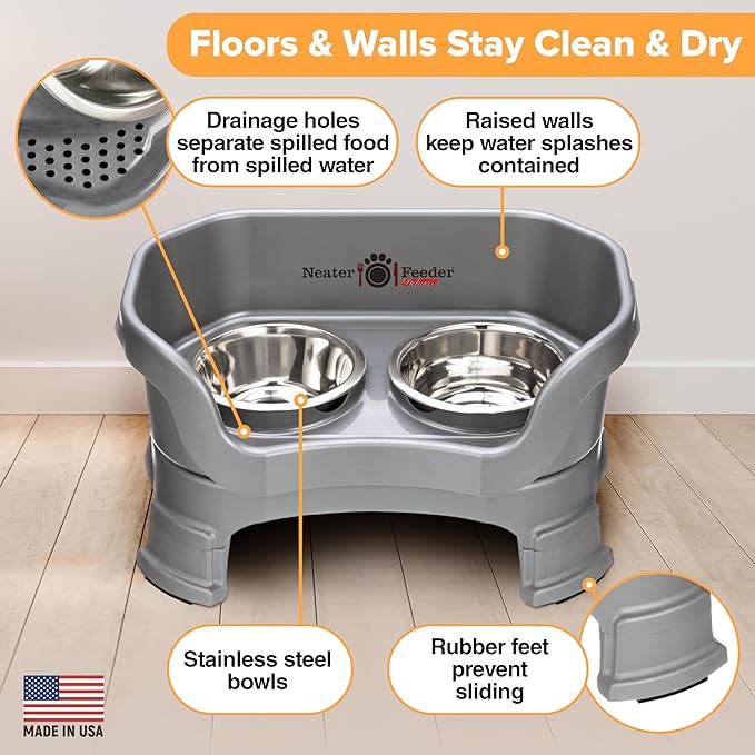 Neater Feeder Deluxe Mess Proof Dog Bowls Elevated for Small Breeds – Made in USA – No Spill Raised Dog Food Bowl Stand w/Leg Extensions – Stainless Steel Dog Food and Water Bowl Set – Grey