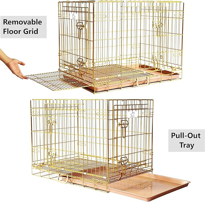 HOMEY PET Copper Gold Dog Crate 30 Inch, Portable Folding Metal Wire Dog Kennel Pet Dog Cage with Removable Floor Grid, Pull Out Pan, Double Doors, Handle for Medium-Small Breed Dogs Indoor Travel