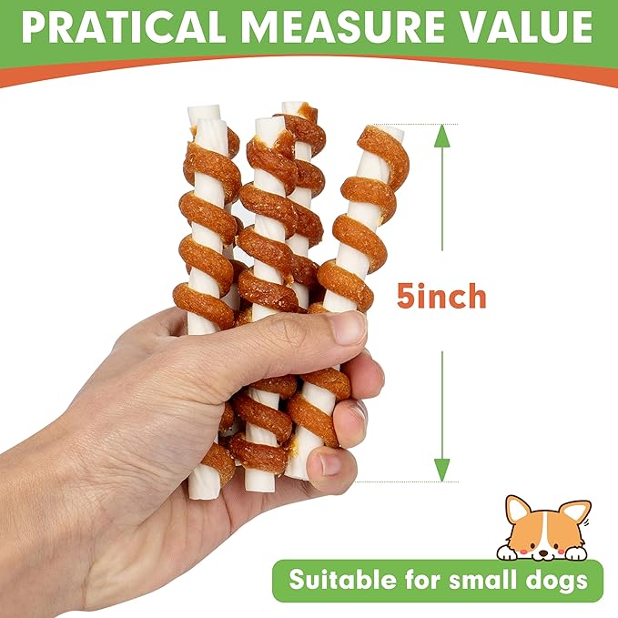 MON2SUN Dog Treats, 5 Inch Chicken Wrapped Rawhide Sticks, Rawhide Twist for Small Dogs, Promotes Dental Health Chew, 10.58oz (13 Count-Pack of 1)
