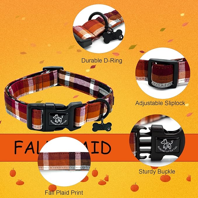 Elegant little tail Fall Dog Collar, Plaid Puppy Collars Fall Yellow Male Cute Puppy Adjustable Cotton Pet Collar with Quick Release Buckle for Small Medium Large Dogs