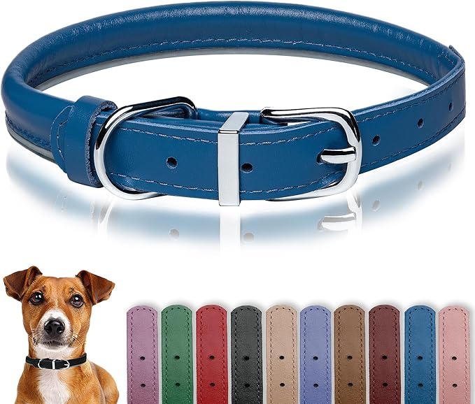 OOPSDOGGY Rolled Leather Dog Collar Reflective Roll Collars for Small Medium Large Dogs Puppy (Dark Blue, M, 12''- 15'')