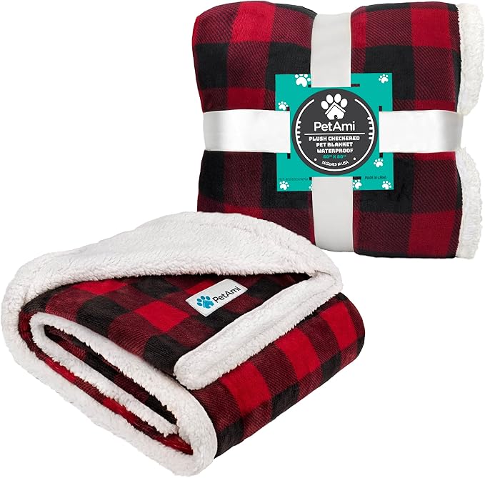 PetAmi Waterproof Dog Blanket for Small Medium Dog Puppy Cat Throw for Couch Cover Leakproof Protection, Sherpa Fleece, Reversible Soft Washable 29x40 Checker Plaid Red