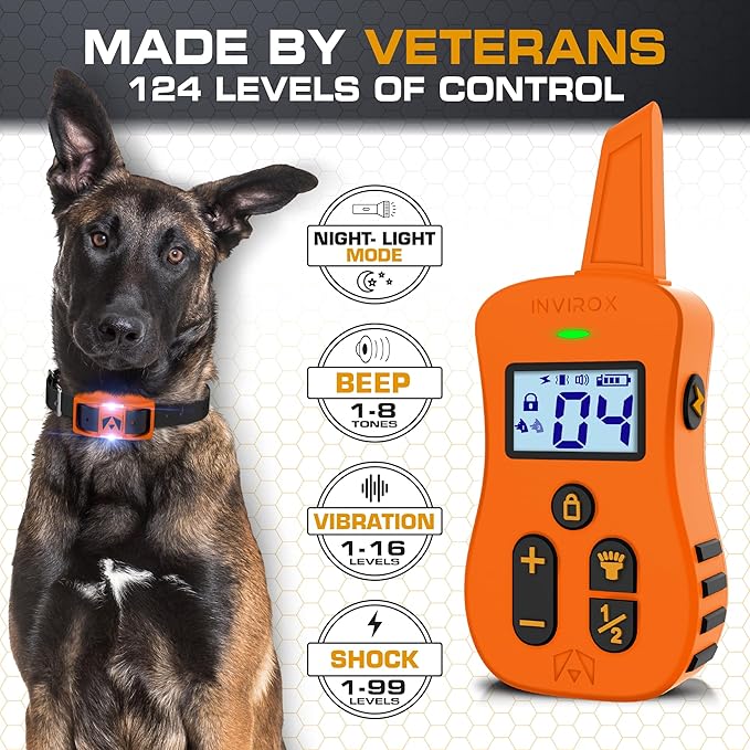 INVIROX Dog Shock Collar [Ultra K9] 124 Training Levels, 4 Powerful Modes with Night-Light and ¾ Mile Range 100% Safe Dog Training Collar for Large Dogs IP67 Waterproof