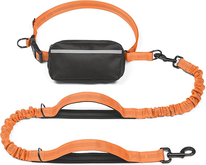 iYoShop Hands Free Dog Leash with Zipper Pouch, Dual Padded Handles and Durable Bungee for Walking, Jogging and Running Your Dog (Large, 25-120 lbs, Orange)