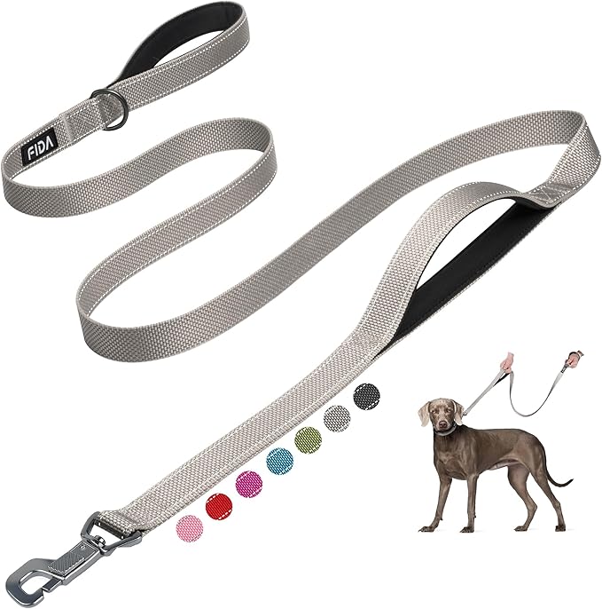 Fida 6 FT Heavy Duty Dog Leash with 2 Comfortable Padded Handles, Traffic Handle & Advanced Easy Snap Hook, Reflective Walking Lead for Large, Medium & Small Breed Dogs, Grey