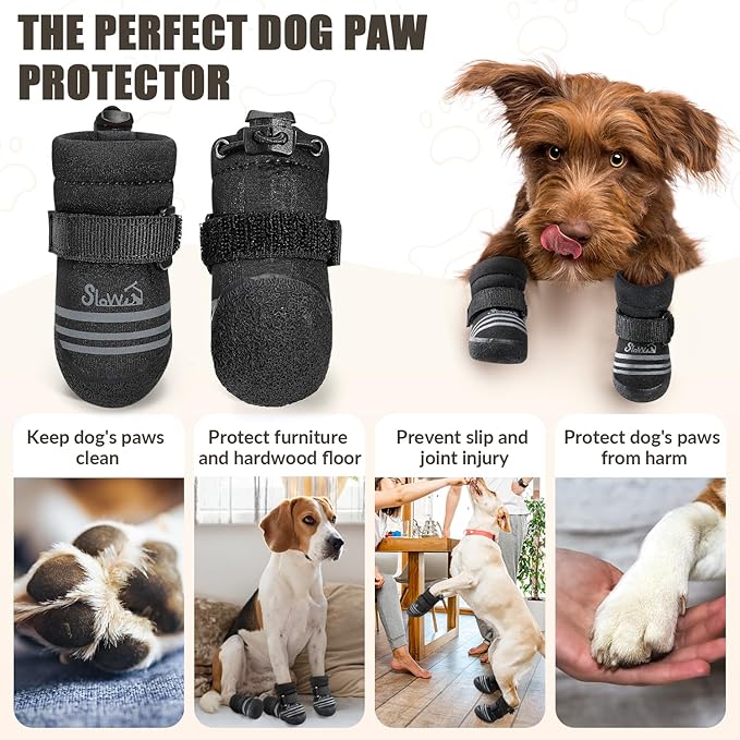 SlowTon Dog Shoes for Medium Large Dogs - Water Resistant Anti-Slip Dog Boots for Hot Pavement Rain Snow,Reflective Dog Paw Protectors for Outdoor Walking, Indoor Hardfloors(Black,7)