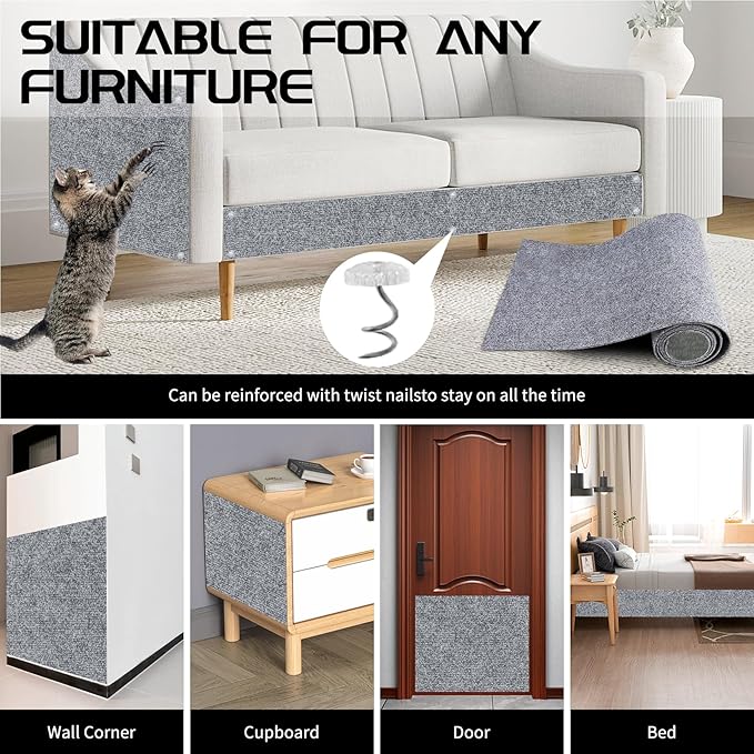 2 Pcs 39.4"x15.8" Cat Scratch Mat, Cat Scratch Couch Furniture Protector, Trimmable Self-Adhesive Cats Scratch Pads, DIY Cat Scratcher for Wall Protector and Covering Cat Tower (Light Grey)