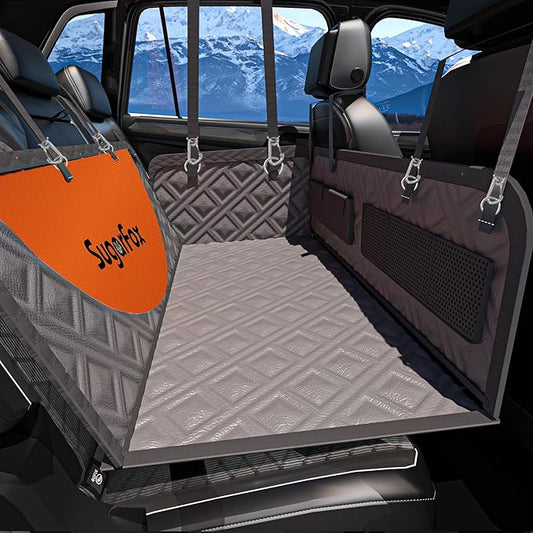 Dog Back Seat Extender & Car Seat Cover - Upgraded PU Leather, Hard Bottom Holds 400lbs, Waterproof Anti-Scratch Dog Hammock for Cars, SUVs, Trucks | Easy to Clean + Pets Safety Belt (GRAY-L)