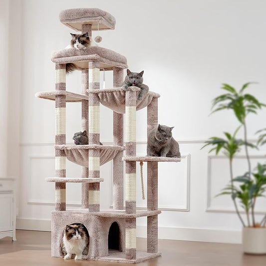 Heybly Cat Tree, 71-Inch Tall Cat Tower for Large Maine Coon Cats with Extra-Large Baseboard, Cat Condo Furniture with Multi-Level Platforms, 2 Hammocks and 12 Scratching Posts, Muchroom HCT037MU