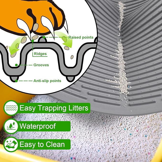 Gosmol Waterproof Cat Litter Mat XXL, 38" x 25" Litter Trapping Mat，Kitty Litter Box Mats Extra Large Easy Clean, Litter Trapping Catcher Mat, Cat Supplies & Accessories for Indoor Cats -Grey