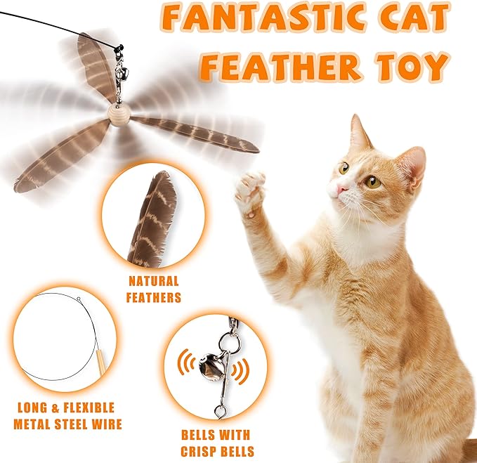 JXFUKAL Cat Wand Toys, Interactive Cat Toys with 3 Feather Refills, 29'' Flexible Steel Wire, Sturdy Wood Handle & Bell for Kitty Kitten, Cat Toys for Indoor Cats Teaser Cat String Toy