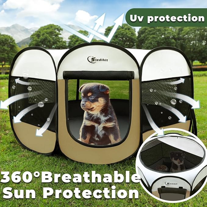 Dog Cat Playpen, Medium Puppy Pet Playpen, Dog Crate Tent Cage Indoor/Outdoor, Portable Pop Up Dogs Kennel Playpen with Carrying Case for Dogs/Cats/Rabbits(Coffee, Small)