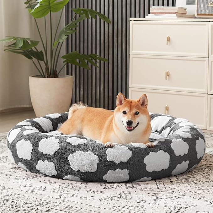 JOEJOY Donut Small Dog Bed, Round Cat Beds for Indoor Cats with Removable Washable Cover, Orthopedic Cute Puppy Kitten Pet Bed with Jacquard Shaggy Plush & Non Skid Bottom, Black