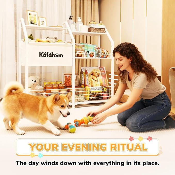 KAFAHOM Dog Toy Basket, Box Bin Storage, Cat Food Can Organizer, Large Pet Feeding Station with Storage Shelf, Dog Stuff Holder Chest Cabinet, Perfect Puppy Gift, Ultimate Pet Furniture & Essentials