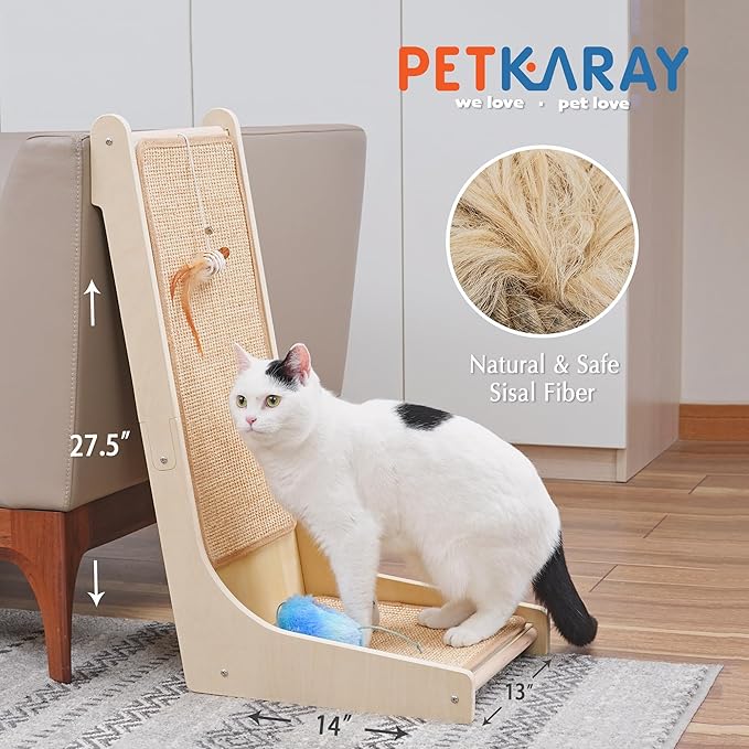 PETKARAY 105° Cat Scratcher, Sisal Kitty Scratch Pad, L Shape Scratching Board for Indoor Cats, Floor Mounted Scratcher with Mouse Toy Catnip