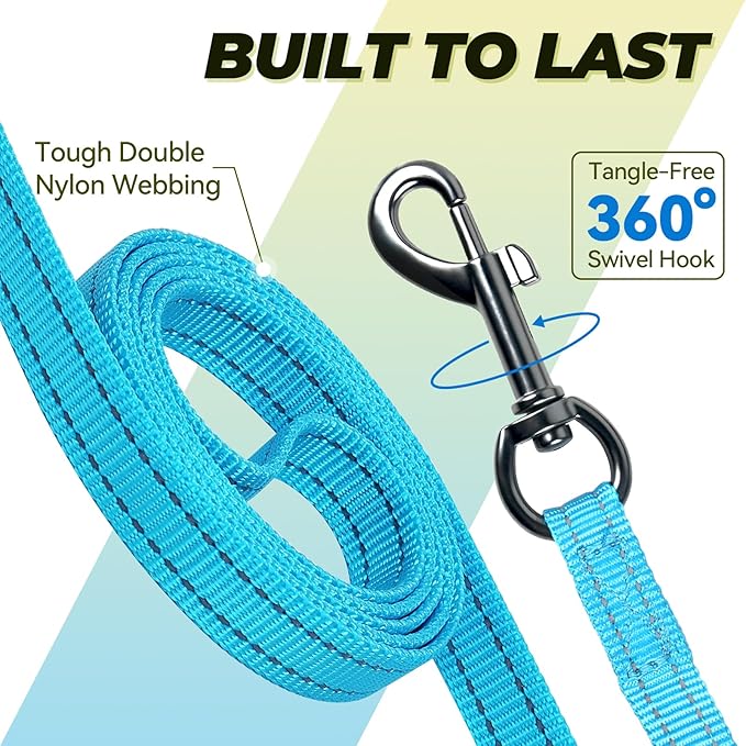 VIVAGLORY Twingrip Dog Leash, Double Handle Dog Leash for Training & Walking with Traffic Handle & 2 Loop, Traffic Control Reflective Heavy Duty for Puppy Pet, 6ft x 1/2in, Lake Blue