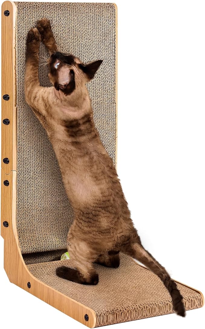 EHEYCIGA Cardboard Cat Scratcher for Indoor Cats, 26.8 Inch L Shaped Vertical Cat Scratching Board with Ball Cat Toy, Large Cat Scratcher Pad, Brown