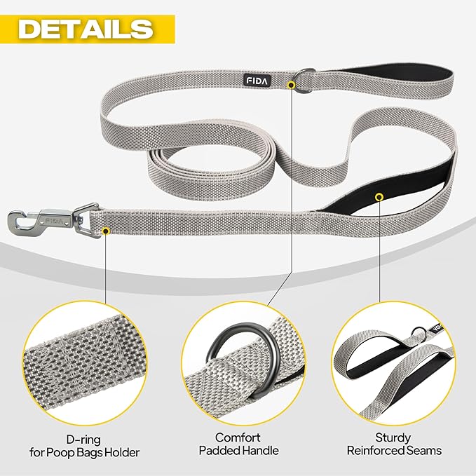 Fida 10ft Heavy Duty Dog Leash with 2 Comfortable Padded Handles, Traffic Handle & Advanced Easy Snap Hook, Reflective Walking Lead for Large, Medium & Small Breed Dogs, Grey