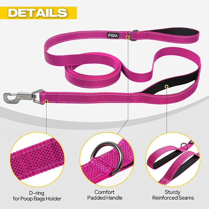 Fida 10ft Heavy Duty Dog Leash with 2 Comfortable Padded Handles, Traffic Handle & Advanced Easy Snap Hook, Reflective Walking Lead for Large, Medium & Small Breed Dogs, Rose