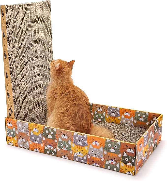 Set of 2 Cardboard Cat Scratchers, 6 Pcs Corrugated Cat Scratch Pad with 2 Boxes, Cute Reversible Kitty Sofa Bed, Refillable Wave Shaped Lounge, Interactive Kitten Toy for Indoor Cats