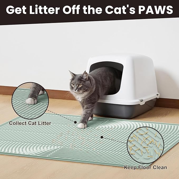 Cat Litter Mat, 40" x 28" Extra Large Silicone Litter Box Mat for Floor, Pet Trapping Litter Rug Pad, Soft Cat Paws, Easy to Clean, Waterproof/Urine-Proof, Garbage Recyclable (Green)