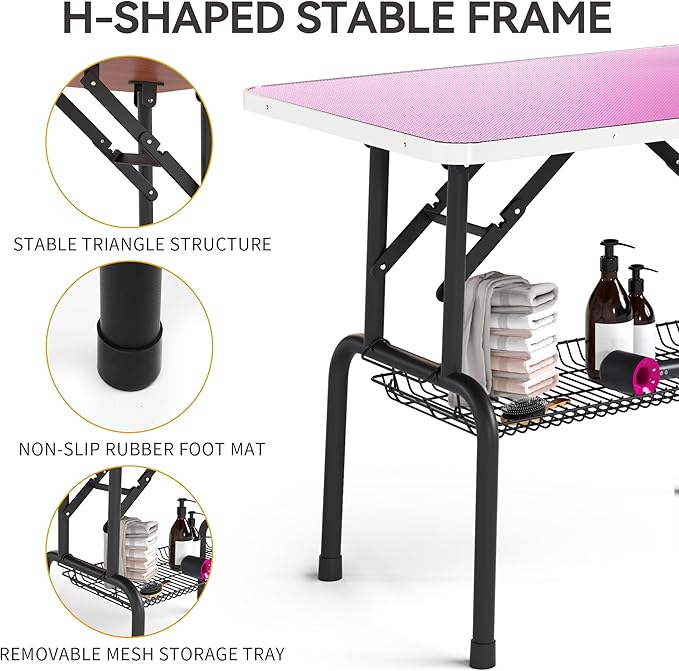 DWVO 36'' Dog Grooming Table, Foldable Pet Grooming Table with Adjustable Arm, Loop, and Mesh Tray, Non-Slip Portable Dog Bathing Station, Pink