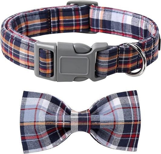 Lionet Paws Dog and Cat Collar with Bowtie Grid Collar Plastic Buckle Light Adjustable Collars for Small Medium Large Dogs