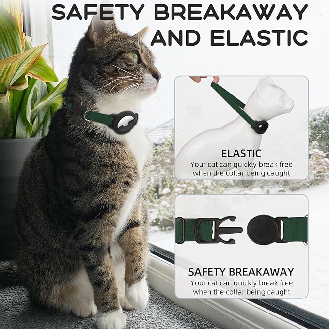AirTag Cat Collars, Stretchy Collar with Apple AirTag Holder and Bell, Breakaway Ultra Design Elastic GPS Tracking Collars for Cats and Puppies, (7.5-12.5 Inch), Forest Green