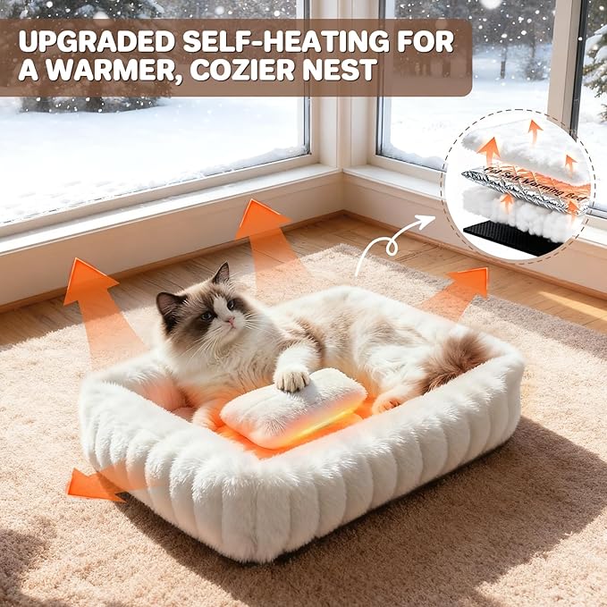 Cat Beds for Indoor Cats, Square Self Warming Cat Bed Orthopedic Pet Bed with Pillow Super Soft Rabbit Fur Small Dog Beds, Calming Plush Kitten Bed with Removable Washable Cover & Anti-Slip Bottom