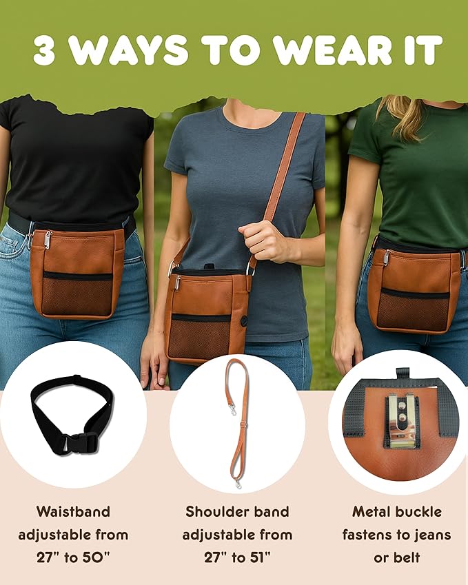 Large Dog Treat Pouch PU Leather with Clicker, Magnetic Clasp, Fits All Phones, 4 Cups, Hands-Free Pouches for Dog Training Treat Pouch, Built in Poop Bag Holder