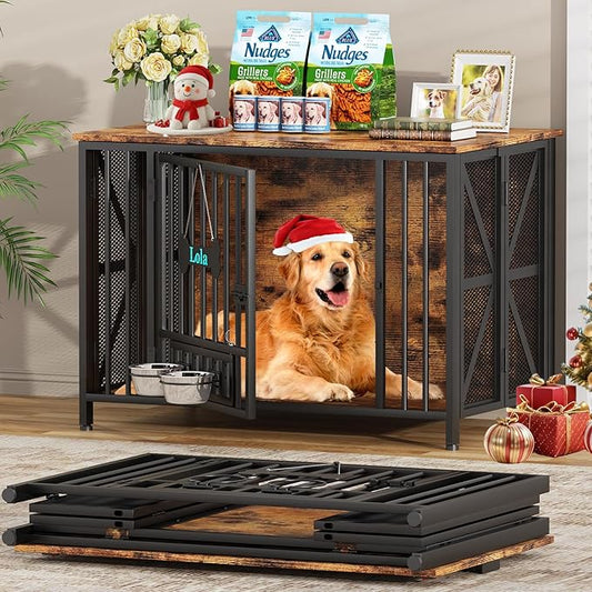 Easycom Foldable Large Dog Crate Furniture, 41.3" Assembly-Free Dog Crates for Large Dogs, Wooden Dog Kennel Indoor with Tag & Dog Bowls, Dog Cage Use as TV Stand, Rustic Brown